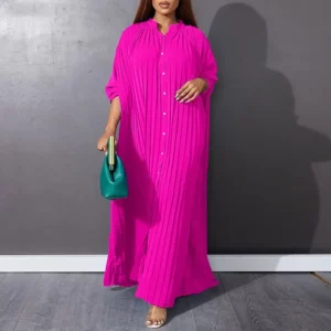 Women Eid Muslim Dresses Stand Collar Single Breasted Dubai Arab Vestidos Ramadan Casual Loose Kaftan Dress Solid Pleated - Image 5