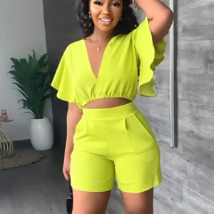 Summer V Neck Short Tops Women's Set Solid Color Fashion Flounces Short Sleeved Casual Shorts Suit Female Office Two Piece Set - Image 6
