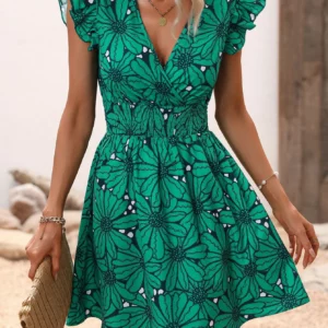 Chic Flower Print Vest A-Line Dress Women Summer V-Neck Mini Skirt Elegant Vacation Dresses - Image 2