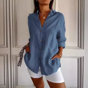 Summer V Neck Casual Cotton Linen Button Shirt Women Fashion Loose Solid Lapel Cotton Office Linen Shirt Women Top Retro 2024 - Image 2