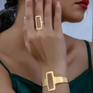 2Pcs/Set Trendy And Minimalist Geometric Square Jewelry Hollowed Out Ring And Bracelet Set Mother's Day Gift Jewelry Set - Image 2