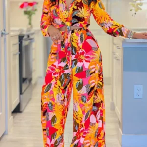 2024 Spring Summer New Long Sleeved Printed Suit For Women Fashion Lapel Single Breasted Shirt Wide Leg Trousers Two Piece Set - Image 3