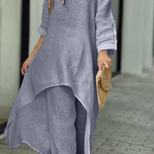 Women's Cotton Linen Long Pants Sets Fashion Solid Casual Irregular Tops Wide Leg Pant Suits Office Lady Two Piece Sets Clothes - Image 3