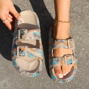 Summer Holiday Printing Soft Women Slippers Vacation Travel Beach Adjustable Double-buckle Sandals Pillow Platform Home Slippers - Image 5