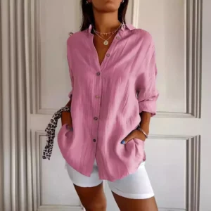 Summer V Neck Casual Cotton Linen Button Shirt Women Fashion Loose Solid Lapel Cotton Office Linen Shirt Women Top Retro 2024 - Image 3