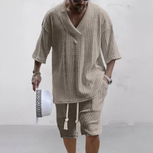 2024 Summer Casual Shorts Set Knitted Two Piece Men's Clothing V-Neck Short Sleeve T-shirt and Shorts Streetwear Knit Outfits - Image 4
