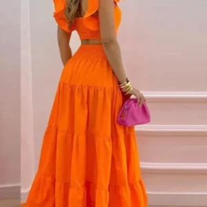 New Sexy Solid Two Suit Dress Women's Fashion Casual Loose Top Maxi Dress 2 Piece Set Female Elegant Holiday Sets 2024 Summer - Image 3