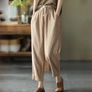 Rimocy 2024 Summer Casual Cotton Linen Pants Women Retro Pockets Loose Harem Pants Woman Solid Elastic Waist Trousers Female - Image 5