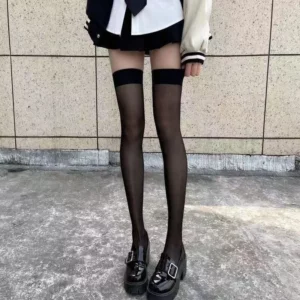 Sexy Red Edge New Over The Knee Long Socks Gothic Lace Transparent Thigh High Stockings Women Punk JK Thin Silk Solid Hosiery - Image 2
