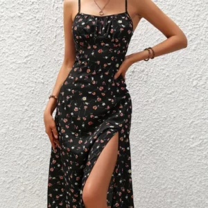 2024 Summer Sexy Spaghetti Straps Dress Women Fashion Polka Dot Print Sleeveless Slit Dress Boho Casual Beach Midi Dresses - Image 4