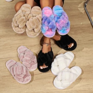Fashion Cross Strap Fluffy Slippers Women Winter Home Peep Toe Plush Fur Slippers Woman Flat Heel Keep Warm Cotton Slides Shoes - Image 3