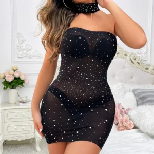 Combhasaki Womens Y2K Vintage Rhinestone Sexy Slim Fit Mesh Sheer See Through Off Shoulder Strapless Mini Tube Dress with Choker - Image 4