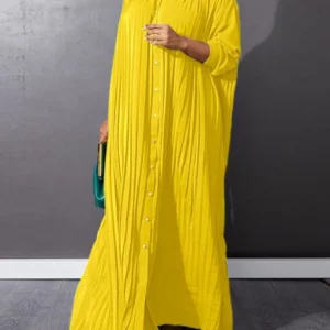 Women Eid Muslim Dresses Stand Collar Single Breasted Dubai Arab Vestidos Ramadan Casual Loose Kaftan Dress Solid Pleated - Image 6