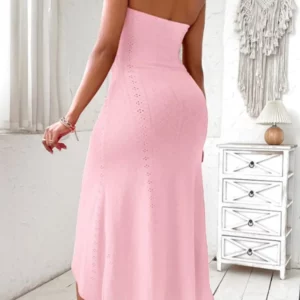 Women Sexy Backless Strapless Solid Mido Dress New Summer Bandeau Ruched Off Shoulder Hook Flower Hollow Slit Casual Dresses - Image 2