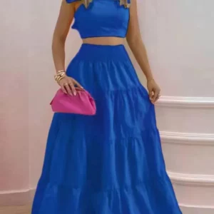 New Sexy Solid Two Suit Dress Women's Fashion Casual Loose Top Maxi Dress 2 Piece Set Female Elegant Holiday Sets 2024 Summer - Image 2