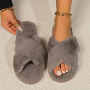 Fashion Cross Strap Fluffy Slippers Women 2024 Winter Warm Fur Home Slippers Woman Comfortable Soft Sole Non Slip Indoor Shoes - Image 5