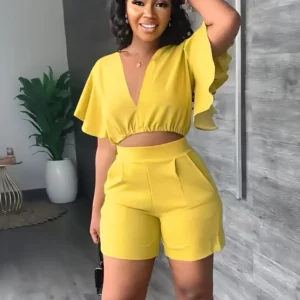 Summer V Neck Short Tops Women's Set Solid Color Fashion Flounces Short Sleeved Casual Shorts Suit Female Office Two Piece Set - Image 2