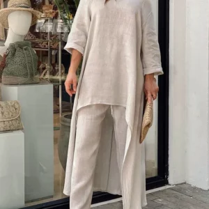 Women's Cotton Linen Long Pants Sets Fashion Solid Casual Irregular Tops Wide Leg Pant Suits Office Lady Two Piece Sets Clothes - Image 2