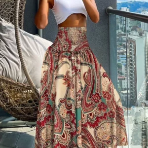 Boho Print Skirts For Women 2024 Summer Casual Elastic High Waist A-line Big Swing Long Dress Vacation Beach Party Skirt Robe - Image 6