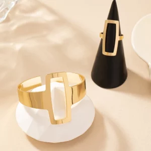 2Pcs/Set Trendy And Minimalist Geometric Square Jewelry Hollowed Out Ring And Bracelet Set Mother's Day Gift Jewelry Set - Image 4