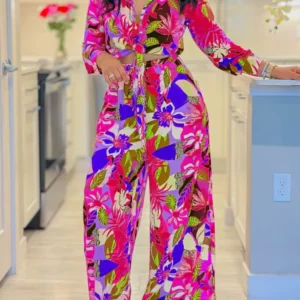 2024 Spring Summer New Long Sleeved Printed Suit For Women Fashion Lapel Single Breasted Shirt Wide Leg Trousers Two Piece Set - Image 2