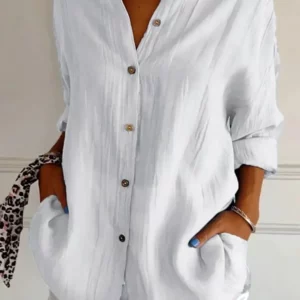 Summer V Neck Casual Cotton Linen Button Shirt Women Fashion Loose Solid Lapel Cotton Office Linen Shirt Women Top Retro 2024 - Image 6