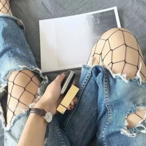 Women Sexy High Waist Fishnet Stockings Mesh Club Tights Panty Knitting Net Pantyhose Ripped Jeans Match Long Socks Lingerie Hot - Image 5