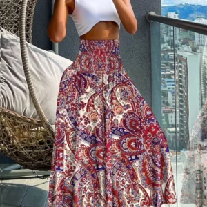 Boho Print Skirts For Women 2024 Summer Casual Elastic High Waist A-line Big Swing Long Dress Vacation Beach Party Skirt Robe - Image 4