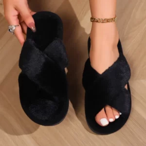 Fashion Cross Strap Fluffy Slippers Women 2024 Winter Warm Fur Home Slippers Woman Comfortable Soft Sole Non Slip Indoor Shoes - Image 6