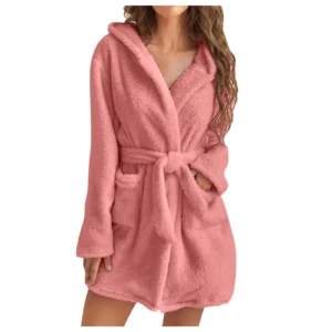 Women Bath Robe Winter Fluffy Plush Pyjamas Ladies Sexy Hooded Dressing Solid Color Gown Warm Bathrobe Female Home Clothing - Image 3