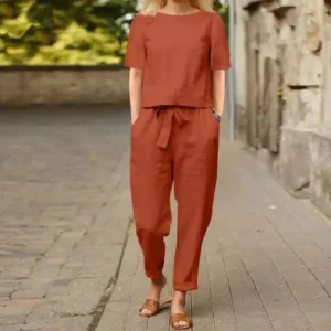 Women's Pullover Shirt And Pants Two-piece Set 2024 Women's Cotton And Linen Summer Suit Short Sleeved O-neck Outfit Pants - Image 3