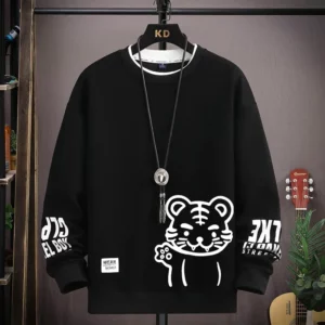 Japan Cartoon Men's Sweatshirt Hoodies Autumn Tiger Printed Long Sleeve T-shirt Fashion Men's Clothing Khaki O Neck Harajuku Top - Image 3
