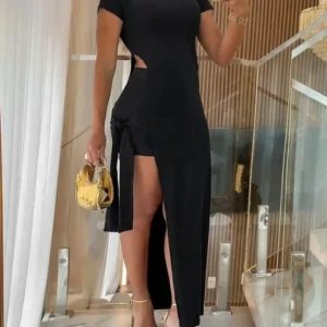 Summer Two Piece Sets Women Fashion 2024 Outfit Solid Round Neck Long Cutout Tied Detail Slit Asymmetrical Top and Shorts Set - Image 5