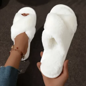 Fashion Cross Strap Fur Slippers Women Indoor Light Warm Plush Home Slippers Woman Faux Fur Flat Heel Couple Slides Plus Size 43 - Image 4