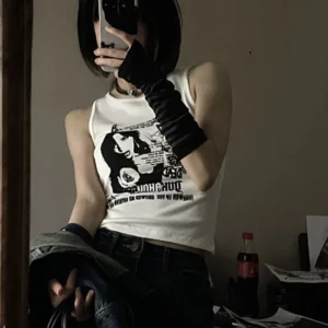 Y2k Grunge Print Sleeveless Sexy Tank Top for Women Ribbed Knit Vest Streetwear Aesthetic Clothing Female Crop Top Women 2000s - Image 4