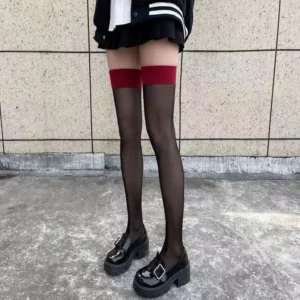Sexy Red Edge New Over The Knee Long Socks Gothic Lace Transparent Thigh High Stockings Women Punk JK Thin Silk Solid Hosiery - Image 3