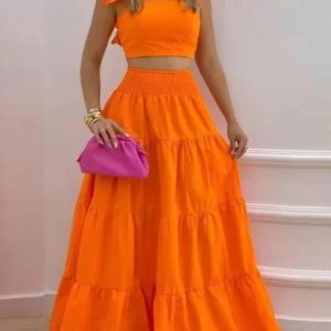 New Sexy Solid Two Suit Dress Women's Fashion Casual Loose Top Maxi Dress 2 Piece Set Female Elegant Holiday Sets 2024 Summer - Image 4