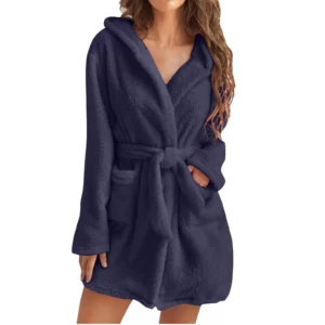 Women Bath Robe Winter Fluffy Plush Pyjamas Ladies Sexy Hooded Dressing Solid Color Gown Warm Bathrobe Female Home Clothing - Image 4