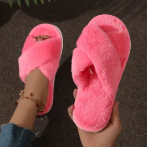 Fashion Cross Strap Fur Slippers Women Indoor Light Warm Plush Home Slippers Woman Faux Fur Flat Heel Couple Slides Plus Size 43 - Image 3