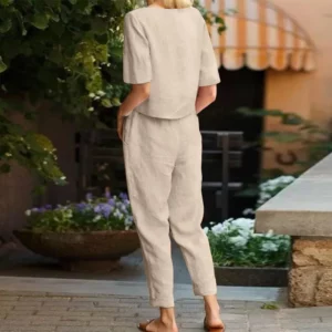 Women's Pullover Shirt And Pants Two-piece Set 2024 Women's Cotton And Linen Summer Suit Short Sleeved O-neck Outfit Pants - Image 5