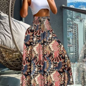 Boho Print Skirts For Women 2024 Summer Casual Elastic High Waist A-line Big Swing Long Dress Vacation Beach Party Skirt Robe - Image 5