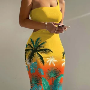 Women's Beach Dress 2024 Spring/summer Latest Chic Sexy Sleeveless Chain Neck Hanging Hollow Ribbed Tight Bodycon Midi Skirt - Image 1