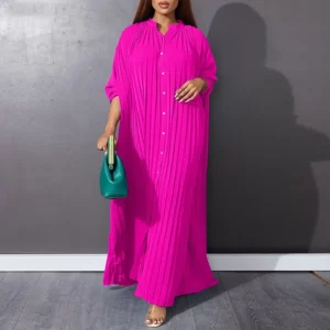 Women Eid Muslim Dresses Stand Collar Single Breasted Dubai Arab Vestidos Ramadan Casual Loose Kaftan Dress Solid Pleated - Image 2
