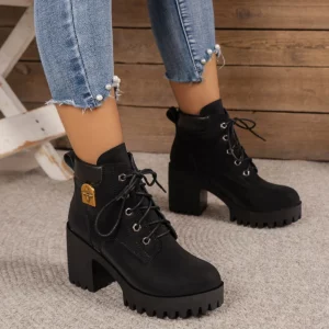 Women Retro Round Toe Chunky Heels Ankle Boots Autumn New High Heels Shoes Woman Lace Up Platform Short Booties Big Size 42 - Image 2