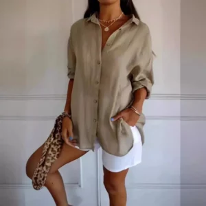 Summer V Neck Casual Cotton Linen Button Shirt Women Fashion Loose Solid Lapel Cotton Office Linen Shirt Women Top Retro 2024 - Image 4