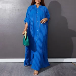 Women Eid Muslim Dresses Stand Collar Single Breasted Dubai Arab Vestidos Ramadan Casual Loose Kaftan Dress Solid Pleated - Image 3