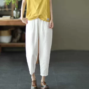 Rimocy 2024 Summer Casual Cotton Linen Pants Women Retro Pockets Loose Harem Pants Woman Solid Elastic Waist Trousers Female - Image 4