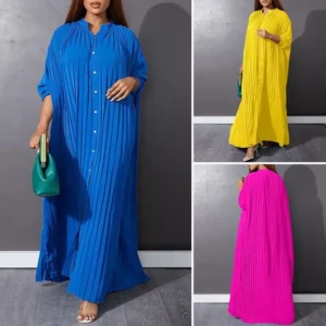 Women Eid Muslim Dresses Stand Collar Single Breasted Dubai Arab Vestidos Ramadan Casual Loose Kaftan Dress Solid Pleated - Image 1