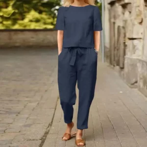Women's Pullover Shirt And Pants Two-piece Set 2024 Women's Cotton And Linen Summer Suit Short Sleeved O-neck Outfit Pants - Image 2
