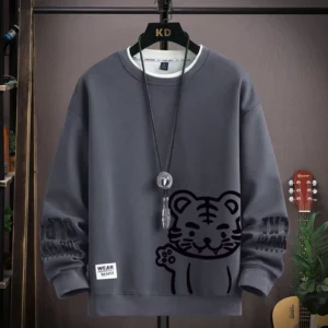 Japan Cartoon Men's Sweatshirt Hoodies Autumn Tiger Printed Long Sleeve T-shirt Fashion Men's Clothing Khaki O Neck Harajuku Top - Image 4